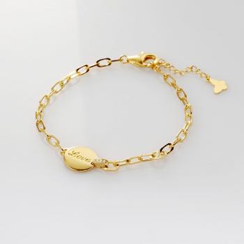 通体925纯银镀K金简约圆牌字母吊坠手链